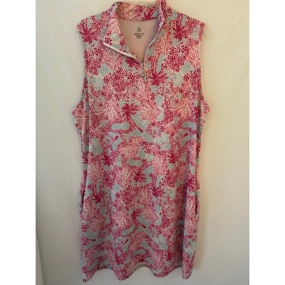 Emerald 18 Womens XL Golf Dress Pink Tropical Coral Palm Tree Quarter ZipStretch